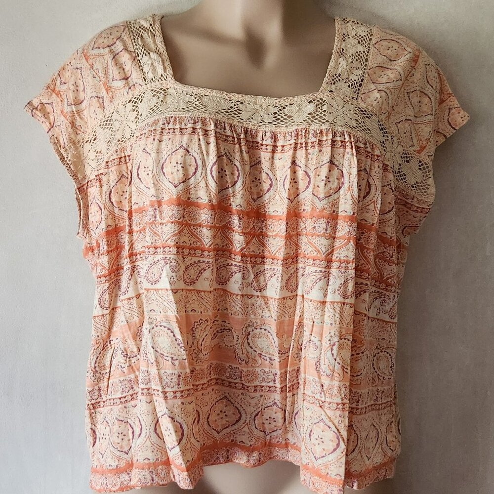 Lucky Brand Peach and Cream Crochet Yoke Boho Blouse